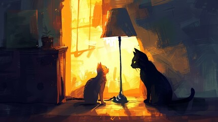 Abstract scene by illustrator: Lamp illuminating cat and dog, shadows and light play