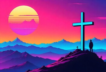 A large cross on a hilltop against a vibrant pink and purple sky with a large sun setting behind...