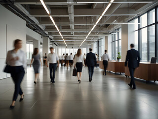 Fototapeta na wymiar Bright business workplace with people in walking in blurred motion in modern office space.