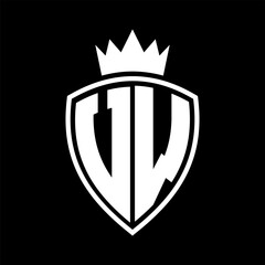 VW Letter monogram shield and crown outline shape with black and white color design