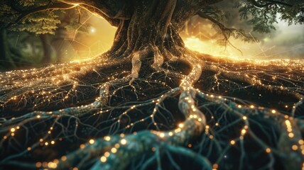 dream where vast network of roots underground, connecting trees of different kinds, representing the unseen connections that bind us all