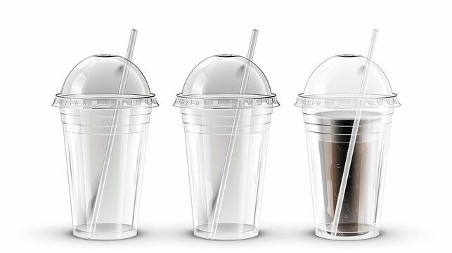 Vector realistic 3d empty clear plastic disposable cup with a straw set closeup isolated on white background. Design template of packaging mockup for graphics - milkshake, tea, fresh juice, lemonade