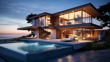A photo of a Contemporary Beach House with Nature - obrazy, fototapety, plakaty