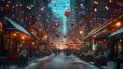 City Escapades: Showcase bustling city streets with holiday shoppers, street performers, and festive decorations, capturing urban holiday vibes - obrazy, fototapety, plakaty