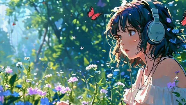 An enchanted garden scene where the lofi girl with headphones sits among blooming flowers and lush greenery, surrounded by fluttering butterflies, Lofi loop anime animation.