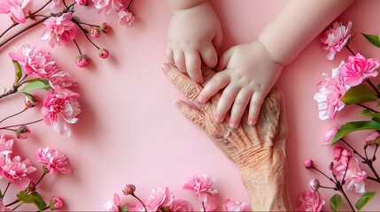 Obraz na płótnie Canvas Generational hands touching floral background. Family, caring, and love concepts - two palms together, grandmother and baby.