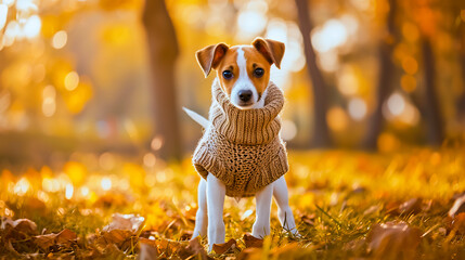 Puppy breed Jack Russell Terrier in warm sweater stand against the backdrop of yellow trees in garden.