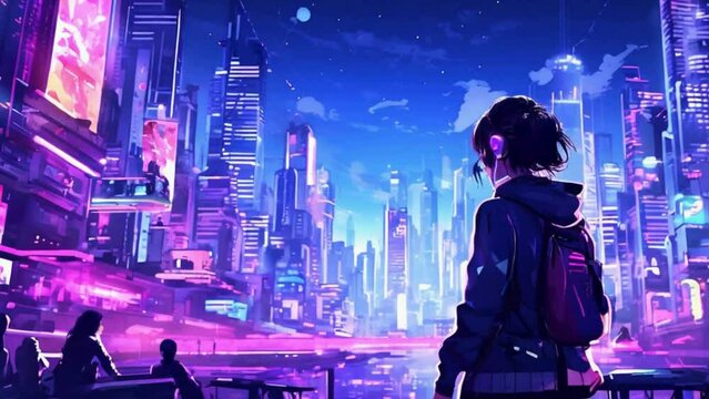 A futuristic cyberpunk cityscape with the lofi girl immersed in her studies amidst neon lights and bustling streets, Lofi loop anime animation.