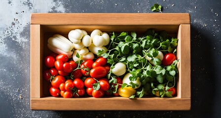 A wooden box filled with various types of vegetables, including tomatoes, lettuce, and herbs. - Powered by Adobe
