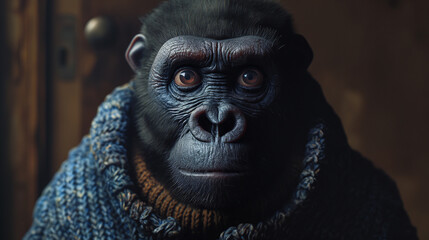 Expressive Gorilla in Sweater with Intense Gaze - obrazy, fototapety, plakaty