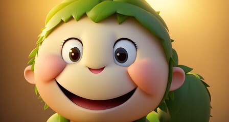 A cartoon character with green hair and a big smile on its face.