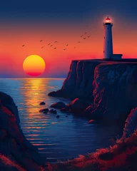 Fototapeten Coastal sunset with lighthouse, maritime navigation, scenic ocean view.  wallpaper, nature background  © gfx_nazim