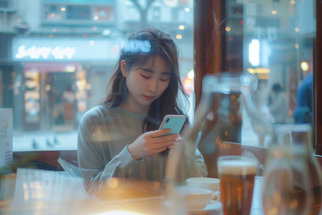 Young Asian Woman Checking Smartphone in Cafe