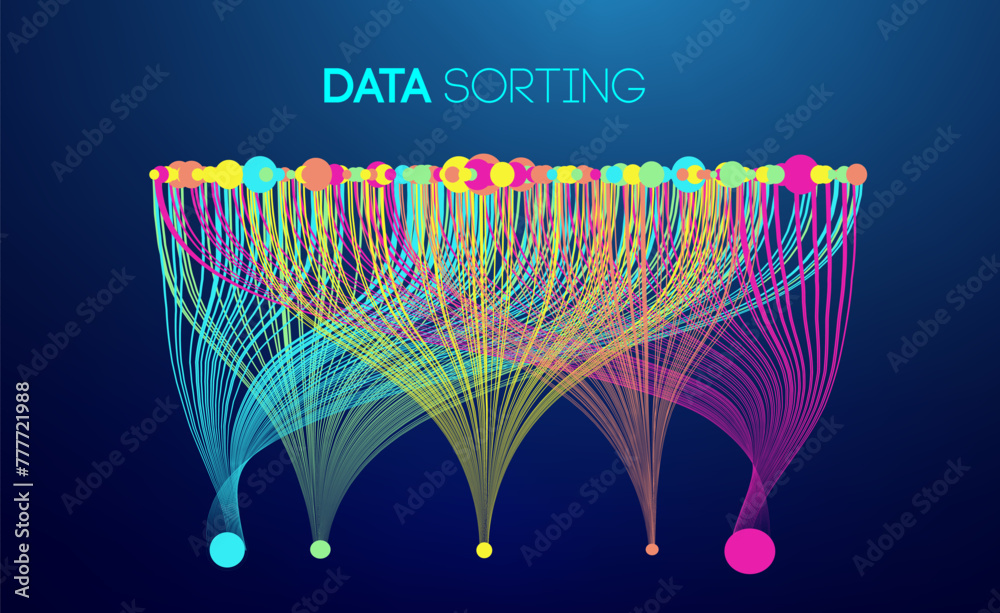 Poster data sorting colorful lines background. data flow technology illustration