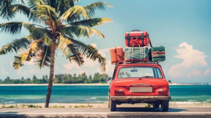 Car with luggage on a tropical beach with a palm. summer vacations