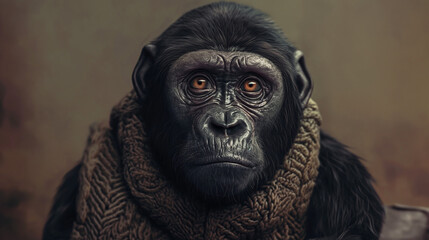 Fototapeta na wymiar Expressive Chimpanzee Portrait with Knit Sweater