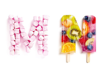 Sweet Letters "M" and "N" Made of Marshmallows and Fruit Pop Slice Isolated on White Background