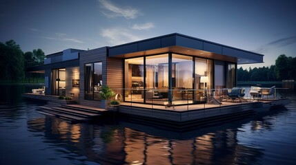 Modern waterfront house, featuring large windows, terrace, and outdoor furniture. - obrazy, fototapety, plakaty