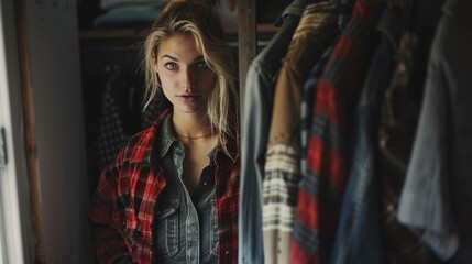Obraz premium Fashion blogger arranging outfits, behind the scenes of a lifestyle shoot ar 16:9