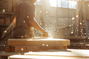 Craftsman at Work in Sunlit Woodworking Workshop