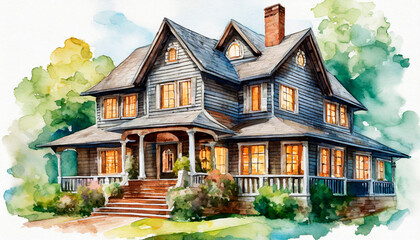 Craftsman Bungalow Watercolor Home
