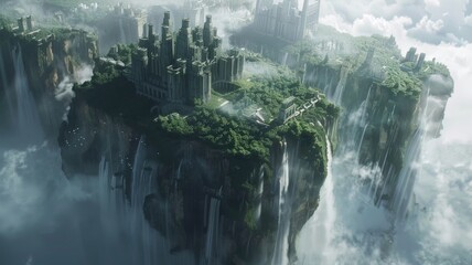 dream where ancient city floating above the clouds, with waterfalls cascading down to the unseen ground