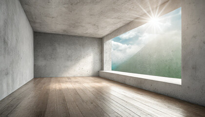 Empty room interior with concrete walls, grey floor with light and soft skylight from window. Background with copy-space