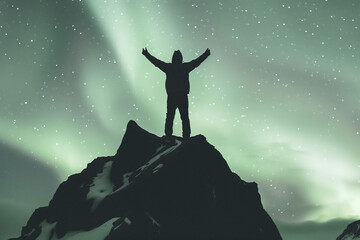 Adventurer Triumphantly Standing atop a Rocky Peak