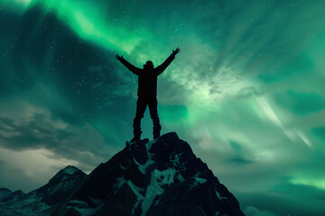 Adventurer Celebrating Under the Aurora Borealis