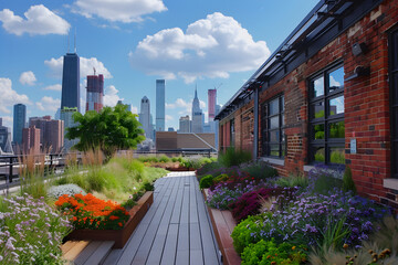 An urban green roof garden with a stunning view of the city skyline.