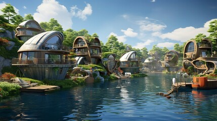 A photo of a Contemporary Floating Village with tranquility view - obrazy, fototapety, plakaty