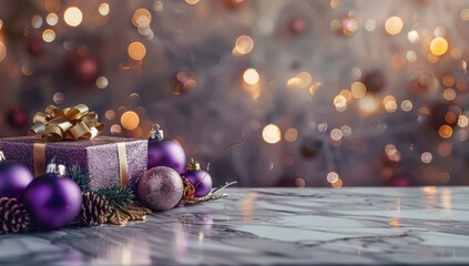 Christmas Gift with Purple Baubles and Festive Bokeh, Copy Space