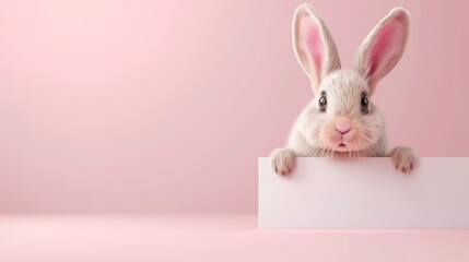 Curious Rabbit Peeking Over Edge on Pink Background, Copy Space