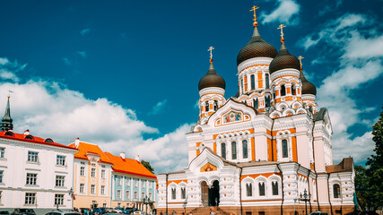 Fototapeta na wymiar Tallinn, Estonia. Alexander Nevsky Cathedral. Famous Orthodox Cathedral. Popular Landmark And Destination Scenic. UNESCO World Heritage Site.