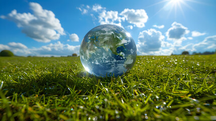 Crystal ball with hyper-realistic earth on blue sky and green grass background, representing international day for the preservation of the ozone layer