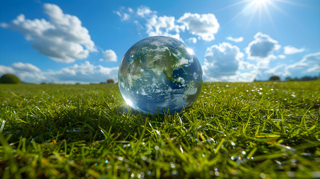 Crystal ball with hyper-realistic earth on blue sky and green grass background, representing international day for the preservation of the ozone layer - Powered by Adobe