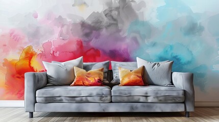 Abstract Watercolor Backdrop with Modern Grey Sofa and Accents