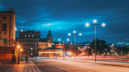 Stockholm, Sweden. Scenic View Of City Center In Sunset Twilight Dusk Lights. Evening Lighting....