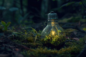 A natural terrarium inside a glass bulb that doesn't extend beyond the boundaries of the bulb, with a nighttime forest in the background