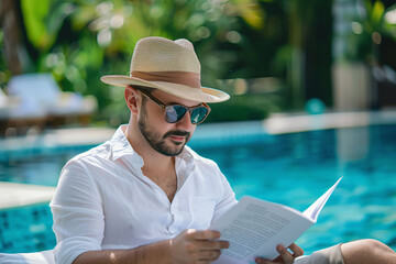 Stylish Man Reading by Poolside in Tropical Setting