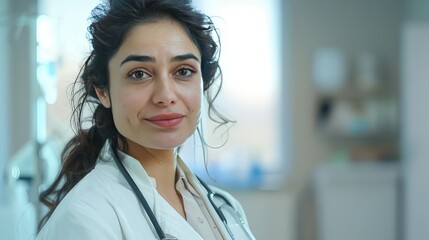 Fototapeta premium female doctor in a white coat with gray hair with a sweet smile against the background of a window in the hospital. Concept of modern medicine, health.