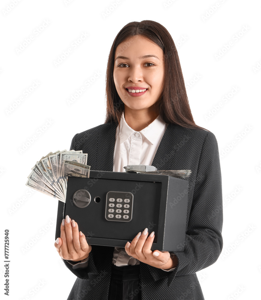 Sticker beautiful young happy asian woman with safe box and money isolated on white background