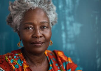 Senior Woman with Gray Hair in Traditional African Attire, Teal Background