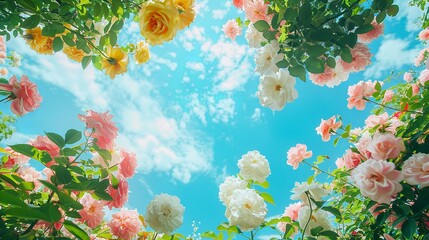 Fototapeta na wymiar Landscape photo of pink, white, yellow, and green rose garden and blue sky, wide-angle lens