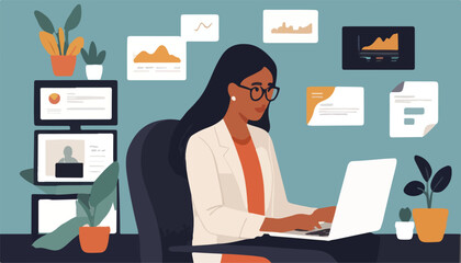 Efficient Elegance. A Busy Businesswoman's Workspace in Flat Vector Design.