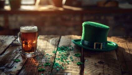 St. Patrick's Day Beer Mug with Festive Green Hat, Copy Space - obrazy, fototapety, plakaty