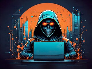 hacker front of his computer committing digital cybercrime vector illustration