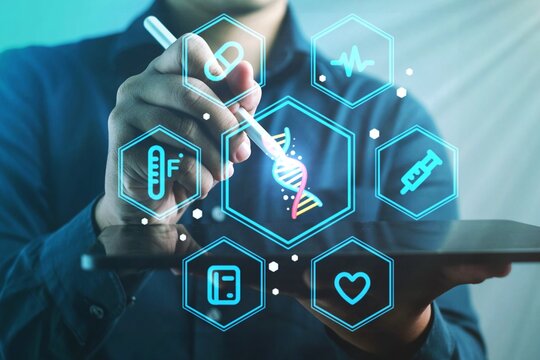A man is drawing on a tablet with a stylus, creating a digital image of a DNA strand. The image is filled with various medical symbols and icons, such as a heart, a book, and a syringe
