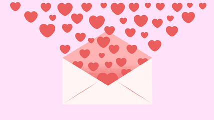 Red hearts falling from envelope against pink copy space background 