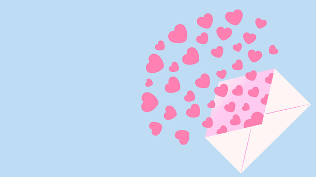Pink hearts falling from envelope against pink copy space background 